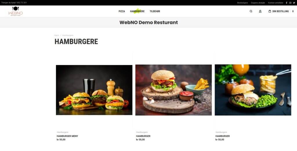 Skjermbilde av vår restaurant online bestillingsløsning. Viser delikat mat (hamburgere) og mulighet for å bestille online.
