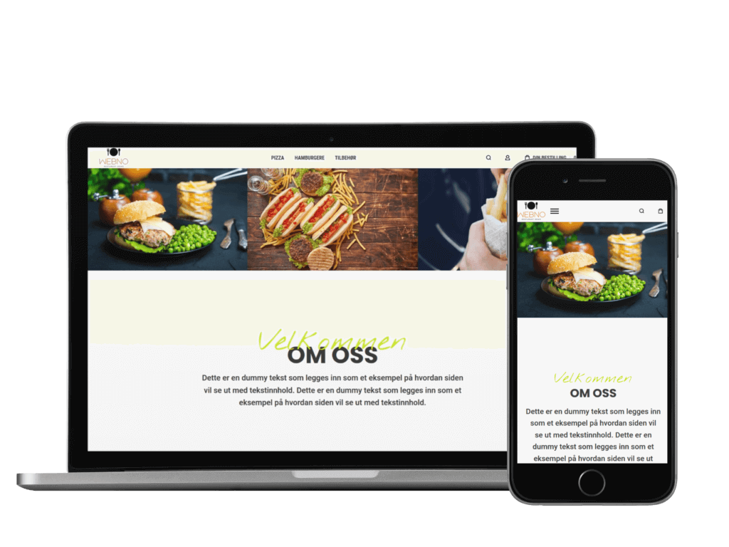 Responsivt skjermbilde av vår restaurant online bestillingsløsning, både desktop og mobilversjon.