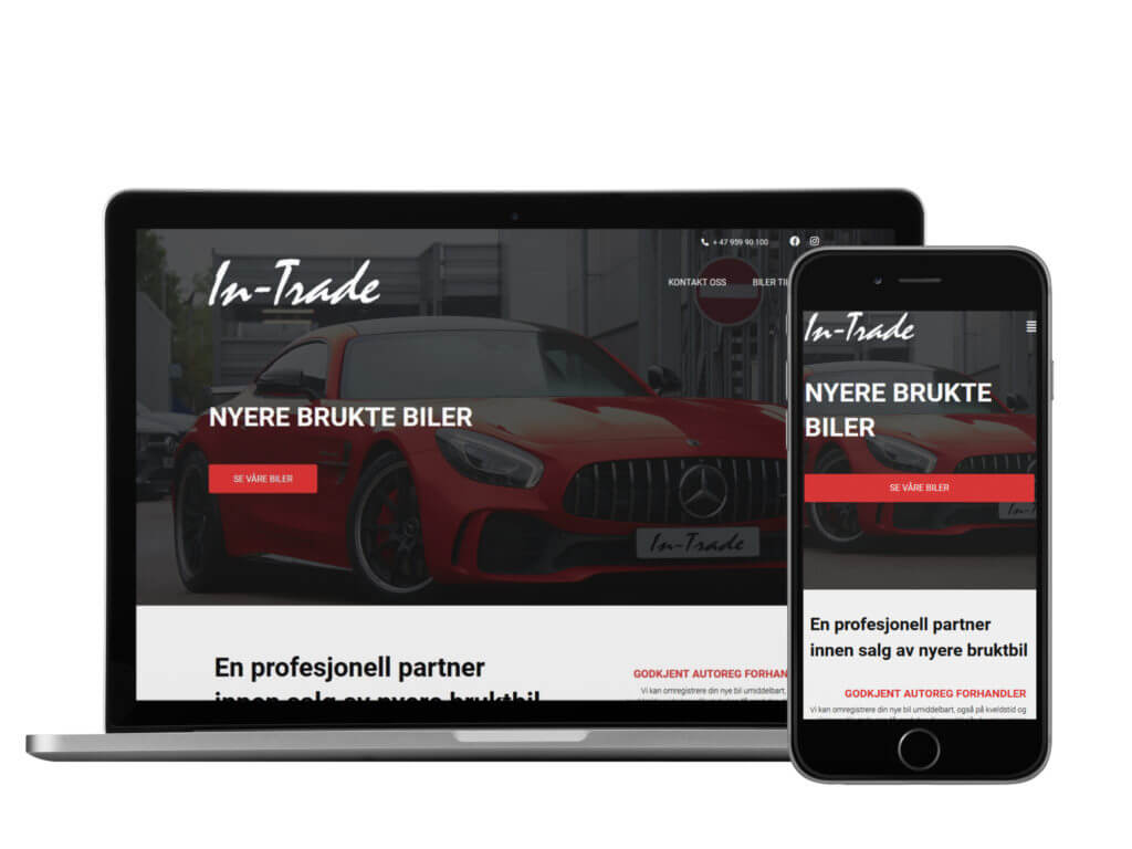 Skjermbilde av nettsiden In Trade bilforhandler, både desktop og mobil. Illustrerer nettsideleveransen.