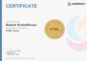 Kursbevis Robert Kristoffersen fullført kurs HTML