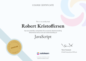 Kursbevis Robert Kristoffersen fullført kurs JavaScript