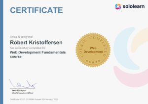 Kursbevis Robert Kristoffersen fullført kurs Web Development Fundementals
