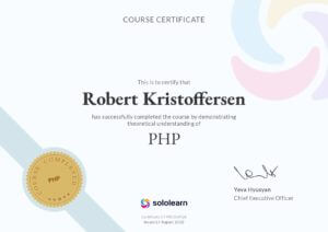 Kursbevis Robert Kristoffersen fullført kurs PHP