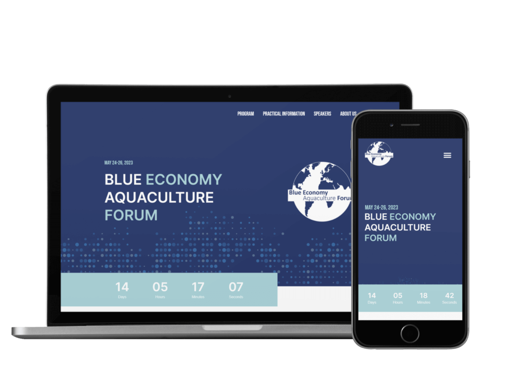 Skjermbilde av nettsiden Blue Economy Aquaculture Forum, både desktop og mobil. Illustrerer nettsideleveransen.
