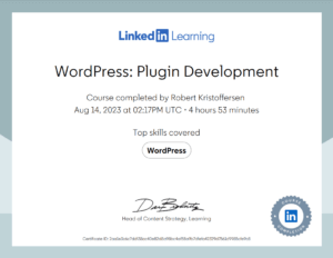 Kursbevis Robert Kristoffersen fullført kurs WordPress Plugin Development
