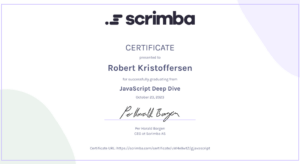 Kursbevis Robert Kristoffersen fullført kurs JavaScript Deep Dive