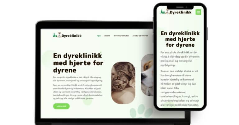 Skjermbilde av nettsiden til Ås Dyreklinikk både desktop og mobilversjon