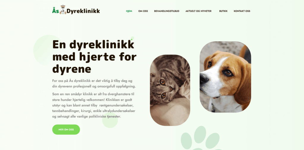 Skjermbilde av nettsiden til Ås Dyreklinikk. Tekst og bilde av hund + katt