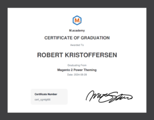 Kursbevis Robert Kristoffersen fullført kurs Magento 2 Power Theming